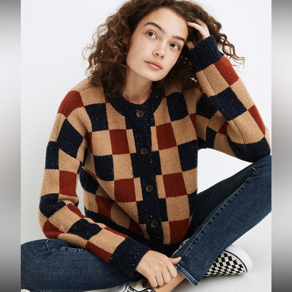 Madewell Checkered Colburne Cardigan Sweater in Coziest Textured Yarn